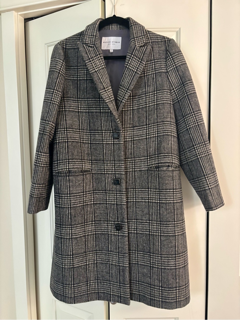 Petite Studio Gray Plaid Long Wool Coat